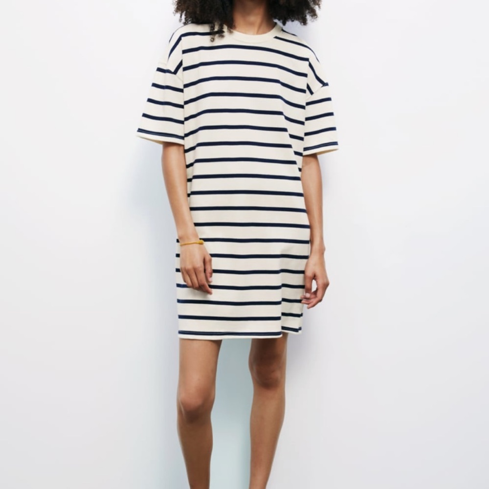 ZARA Short Sleeve Navy Striped Dress Small